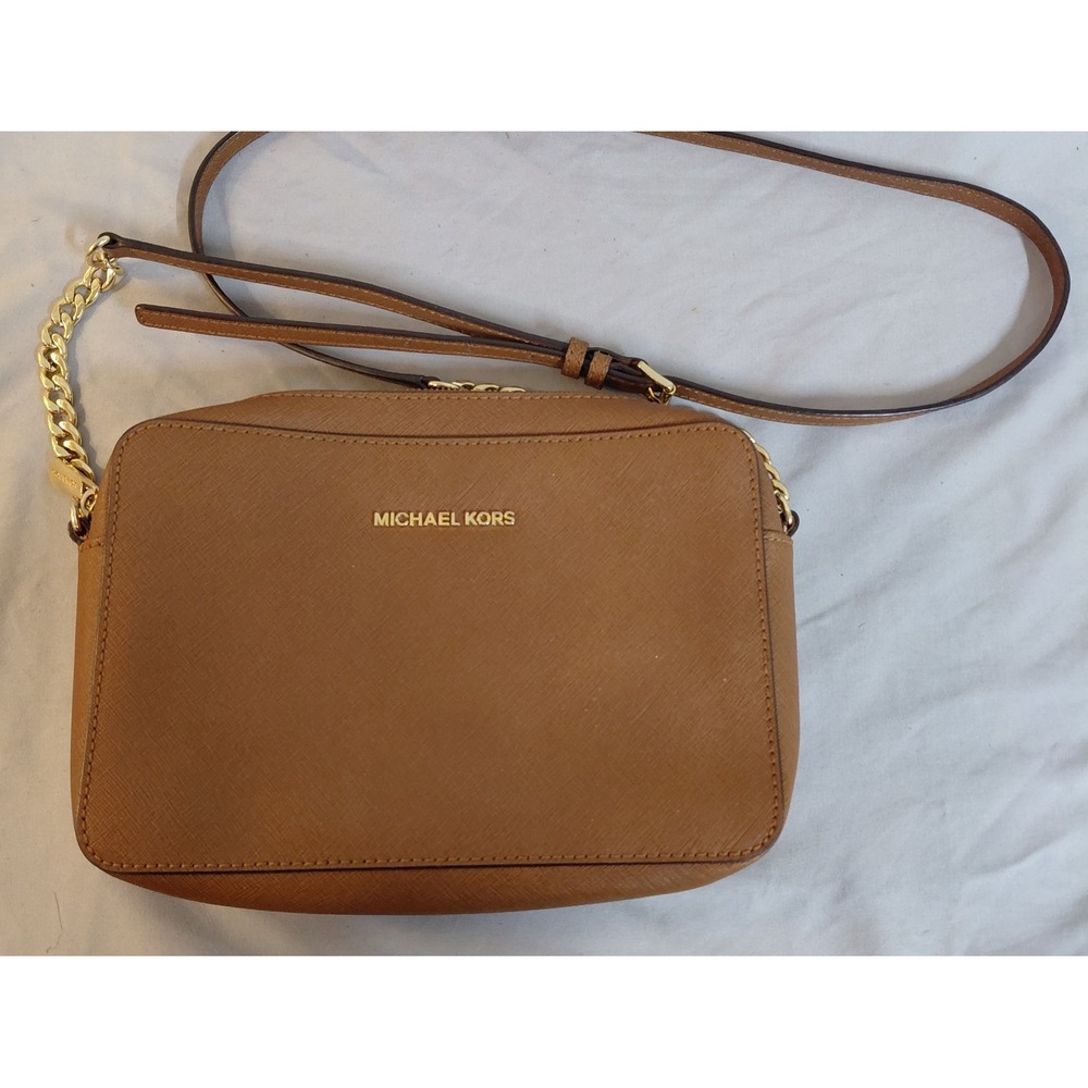 Michael Kors Jet Set Saffiano Leather Camera Crossbody Bag Luggage Brown